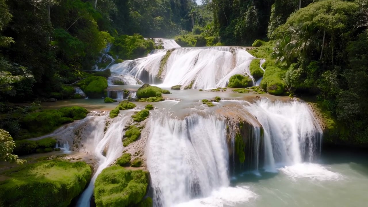 Ampia vista aerea di una cascata a più livelli che scende a cascata su lisce sporgenze rocciose in una piscina poco profonda circondata da massi muschiosi e fitta vegetazione tropicale