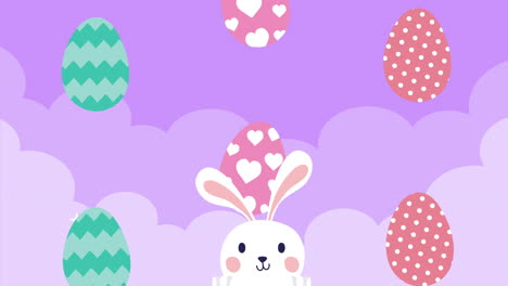 feliz tarjeta animada de pascua con conejo y huevos pintados