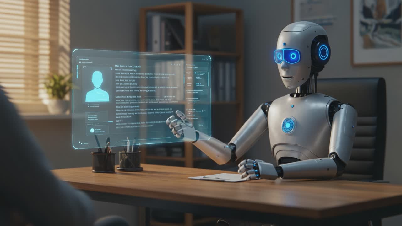 An Advanced AI Robot Engaging in Interactive Conversational Analysis, Showcasing Futuristic Technology and Human-Computer Interaction in a Modern Office Setting