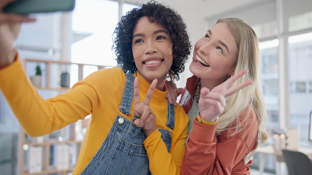 Girl friends, happy and selfie in home with peace