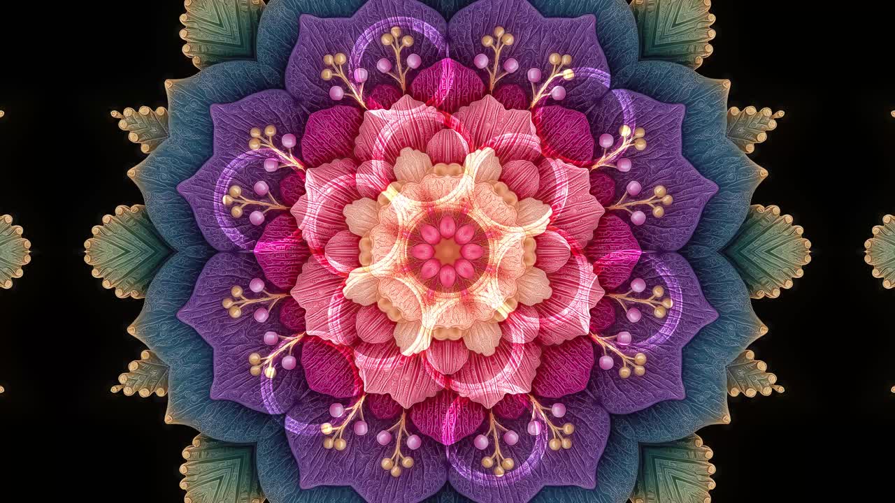 A dazzling fractal mandala featuring the Fruit of Life sacred geometry glyph at its core. This seamless 4K60 loop is perfect for VJ sets, meditation visuals, stage backgrounds, and creative content