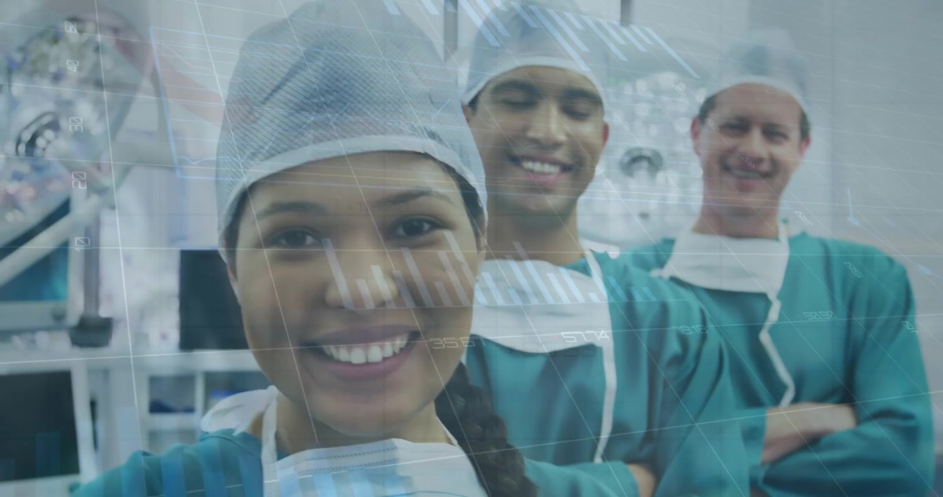Animação de processamento de dados financeiros sobre diversos médicos
