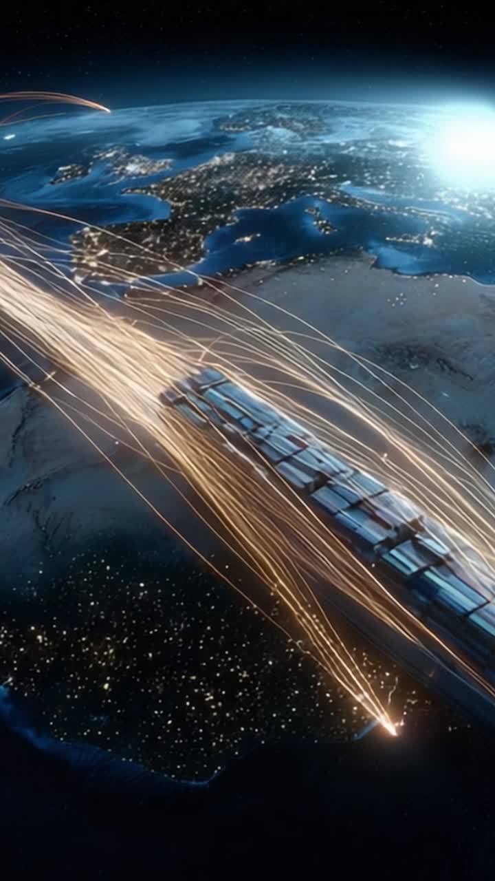 宇宙の旅：地球上空に鮮やかな光の軌跡を残し、星々の間を滑空する宇宙船。宇宙旅行における探査と革新の真髄を捉えている。