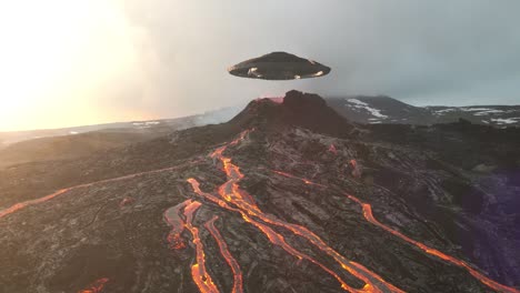 flying saucer over active volcano, aerial view