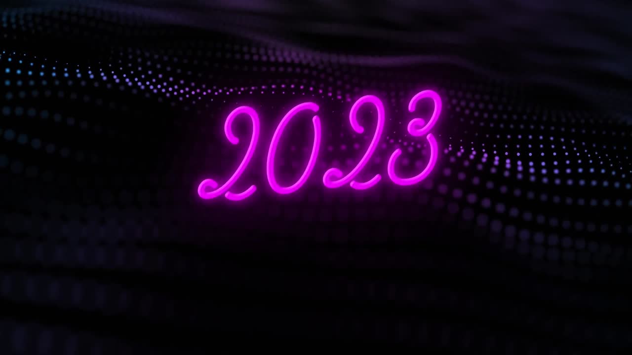 Animation of 2023 text and spots over black background