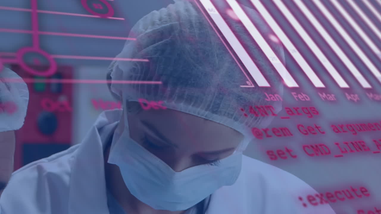 Animation of data processing over caucasian female doctor with face mask