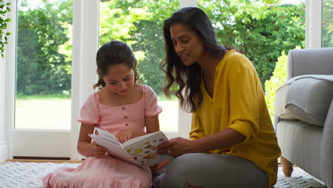 Mother-And-Daughter-At-Home-Sitting-On-Floor-In-Lounge-Reading-Book-Together