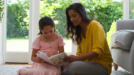 madre e hija en casa sentados en el suelo en el salón leyendo un libro juntos
