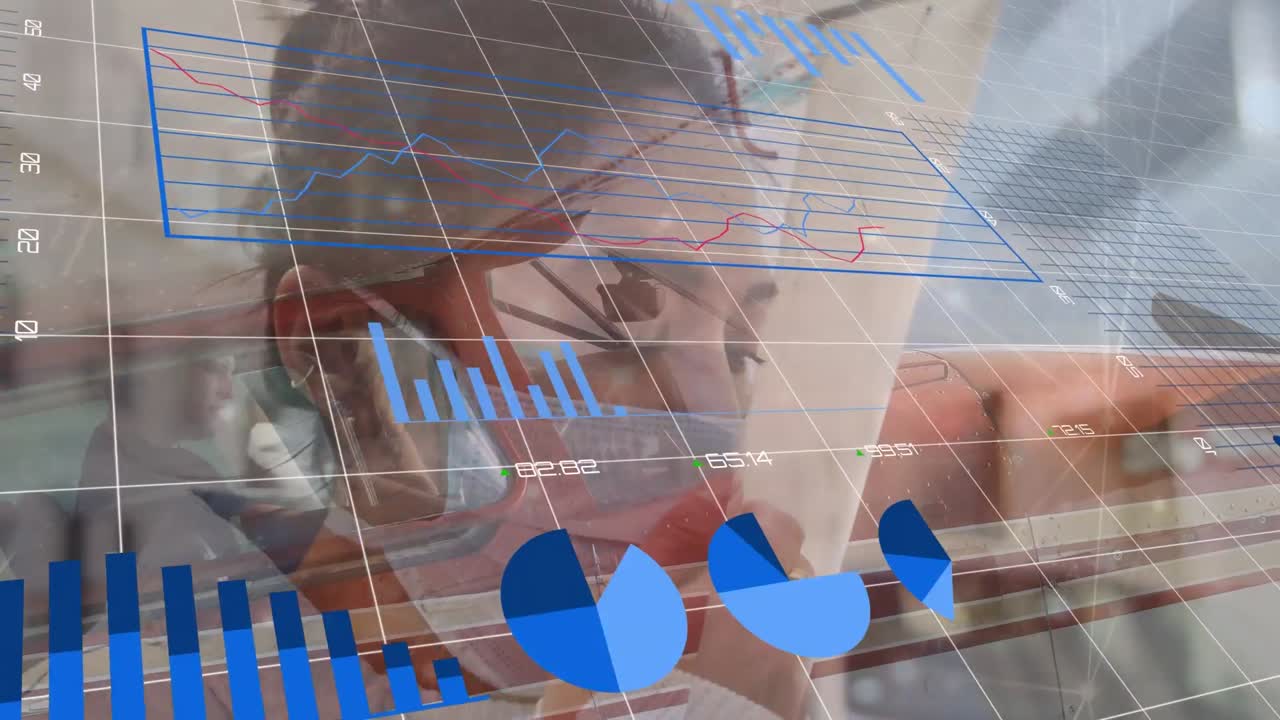 animación de gráficos financieros y dólares sobre mujer biracial con máscara facial