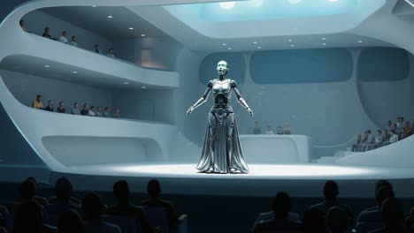 a futuristic robotics presentation: an advanced robot performs on stage with captivated audience in a sleek, modern venue, showcasing innovations in technology and design