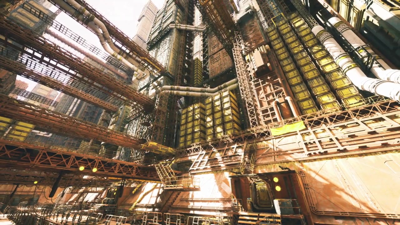Expansive factory atrium with sunlight and detailed metalwork
