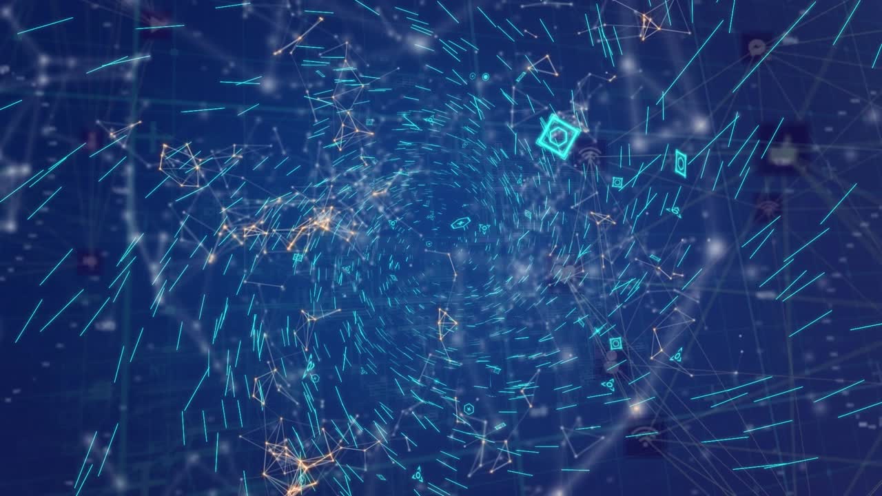 Animation of network of connections with icons and data processing on green background