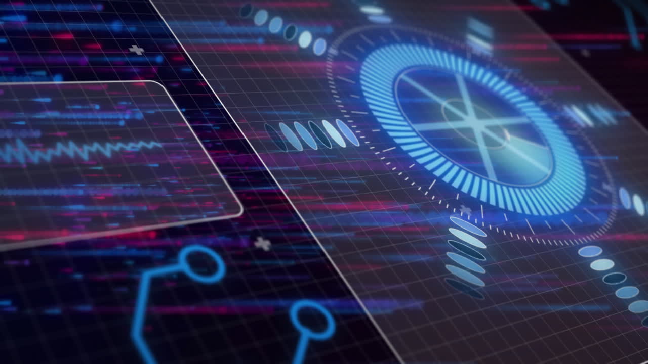 Animation of loading circles, circuit board pattern, soundwave over abstract pattern