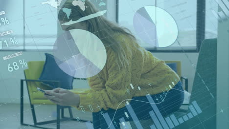 Animation of infographic interface over caucasian woman sitting on chair and chatting on cellphone