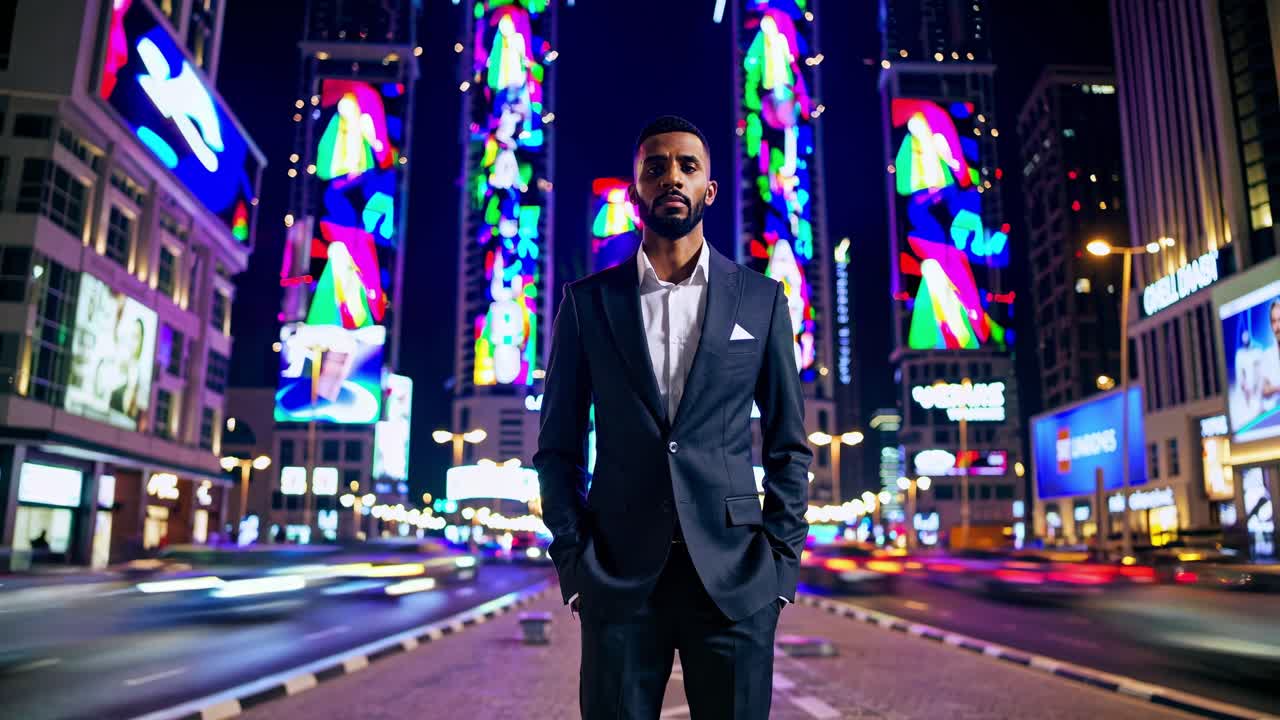 Professional businessman wearing tailored suit standing amid glowing Dubai skyline, nighttime urban landscape with blurred car light trails illuminating modern architecture
