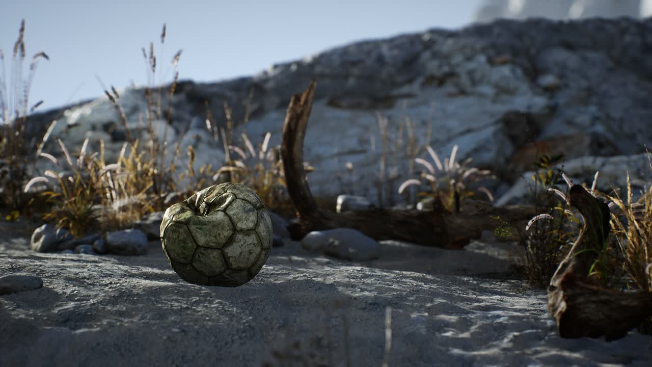 ⁇ 은  ⁇ 어진 축구 공이 바 ⁇ 가의 모래에 던져져 있습니다.
