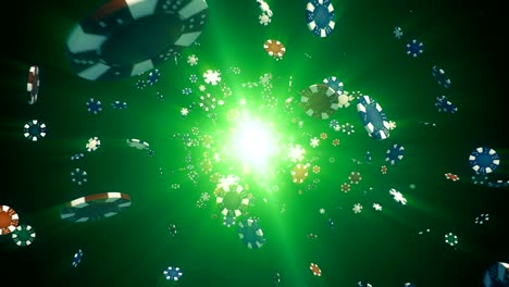 flying casino chips in camera in slow motion with rays of light on a colorful background, seamless loop animation
