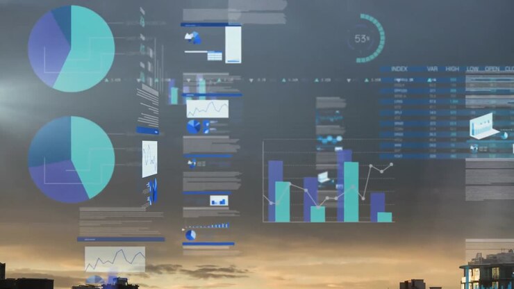 Animation of screens with statistical data processing against sunset sky