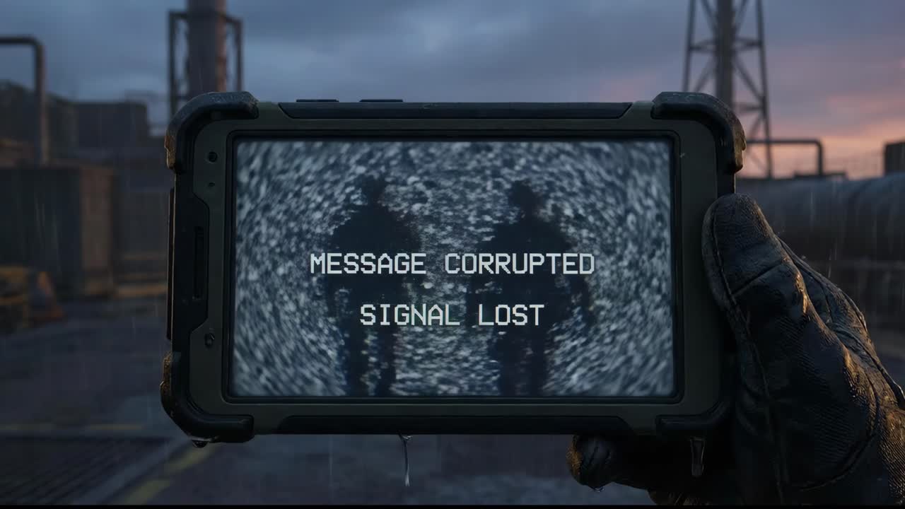 Gloved Hand Holding Rugged Tablet with Corrupted Signal