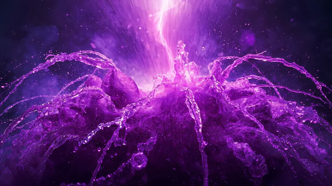 Rising purple light beam striking viscous purple liquid pool in dark void, creating arcing jets
