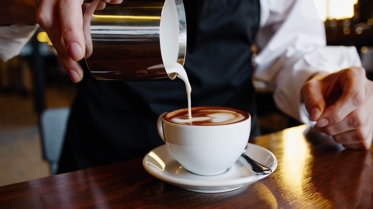 Barista making latte art by pouring milk into coffee