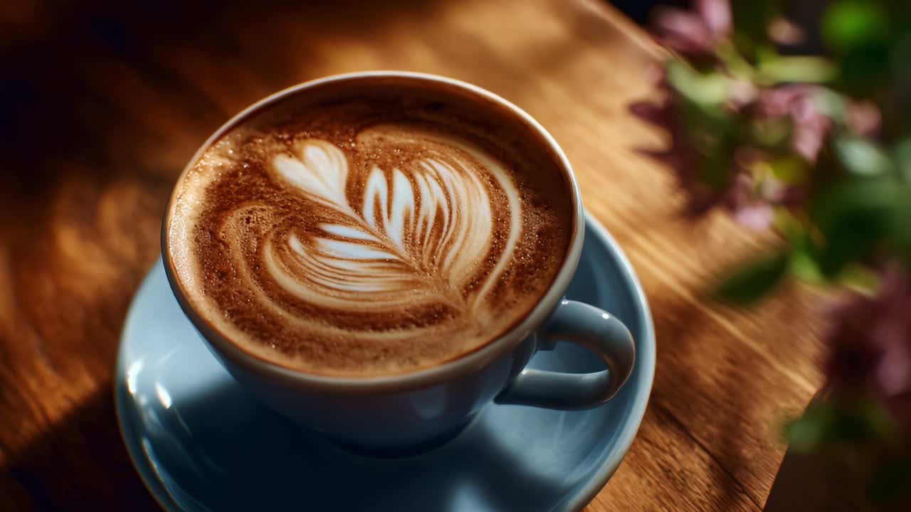 Una splendida latte art in una delicata tazza blu su un tavolo di legno rustico con luce naturale soffusa e delicati accenti floreali sullo sfondo