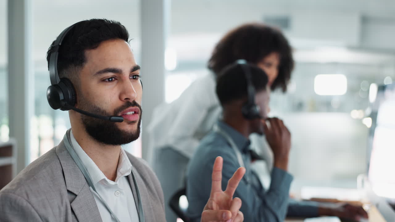 Happy businessman, call center