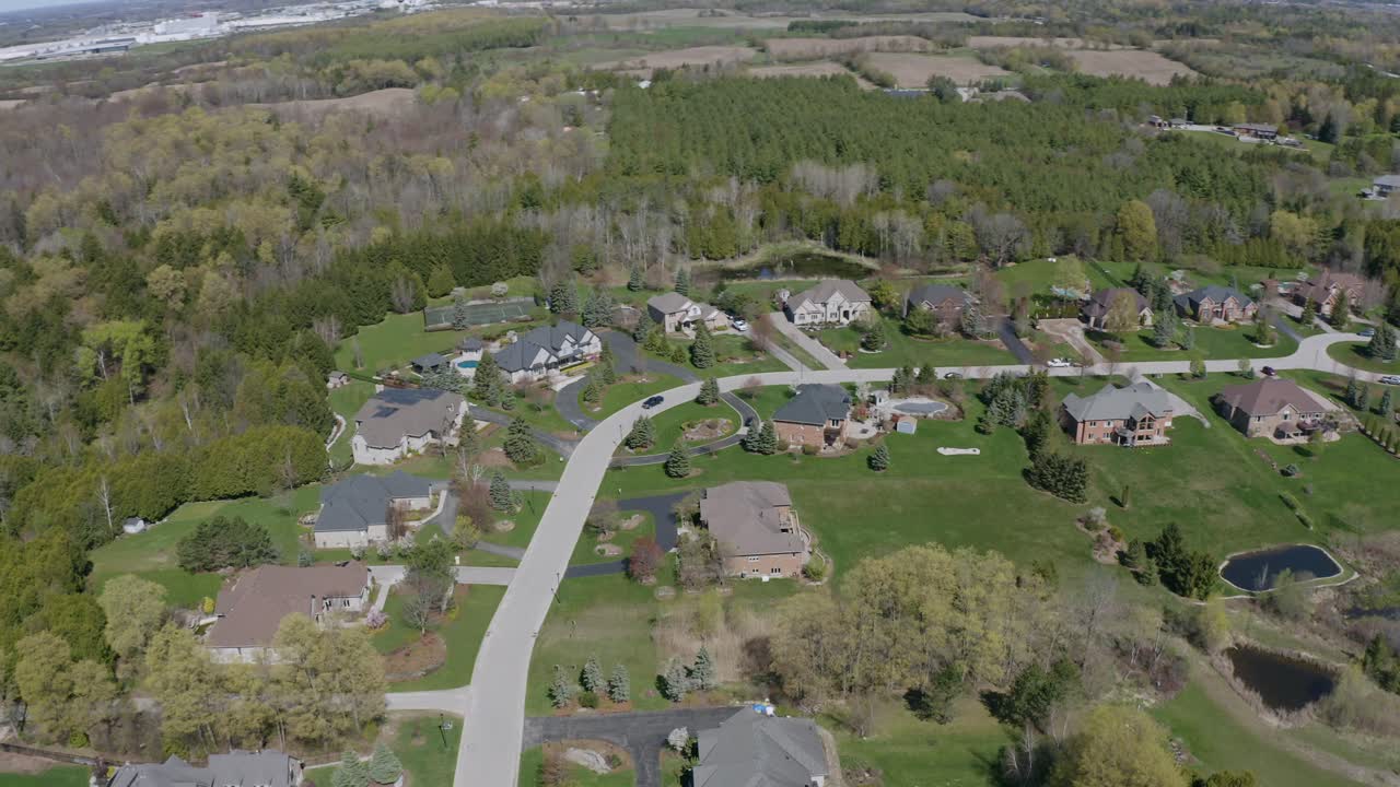 An aerial shot of Carriage Lane. An estate home neighbourhood located in Puslinch, Ontario located just outside Guelph, Ontario.