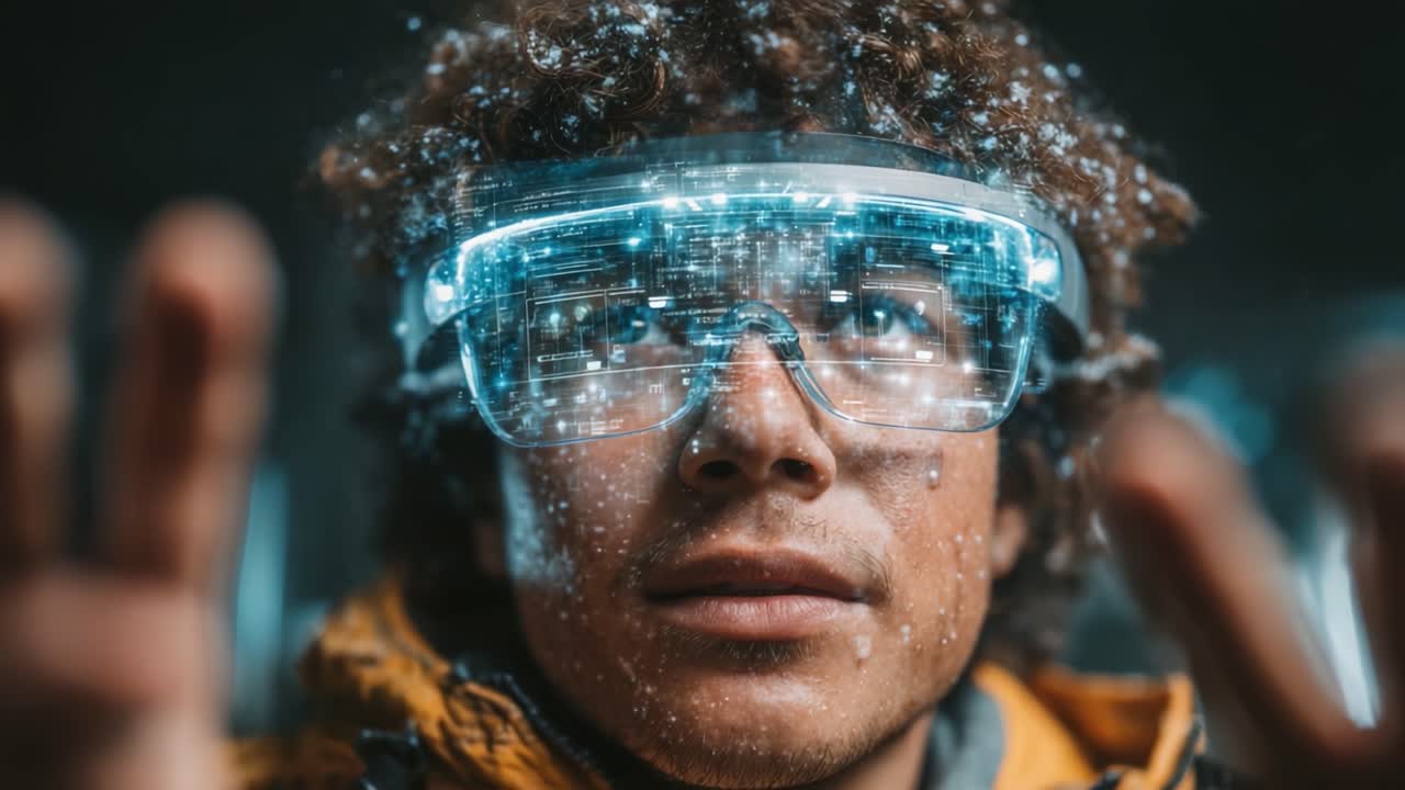 Futuristisk vision: En ung innovator interagerer med augmented reality-teknologi, der fremviser avancerede grænseflader og fordybende oplevelser i et højteknologisk miljø.