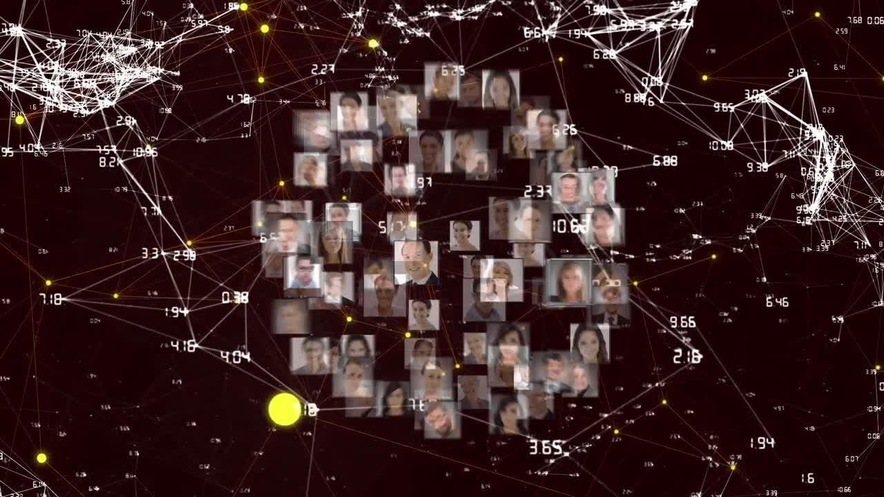Animation of globe with network of connections and people's photos