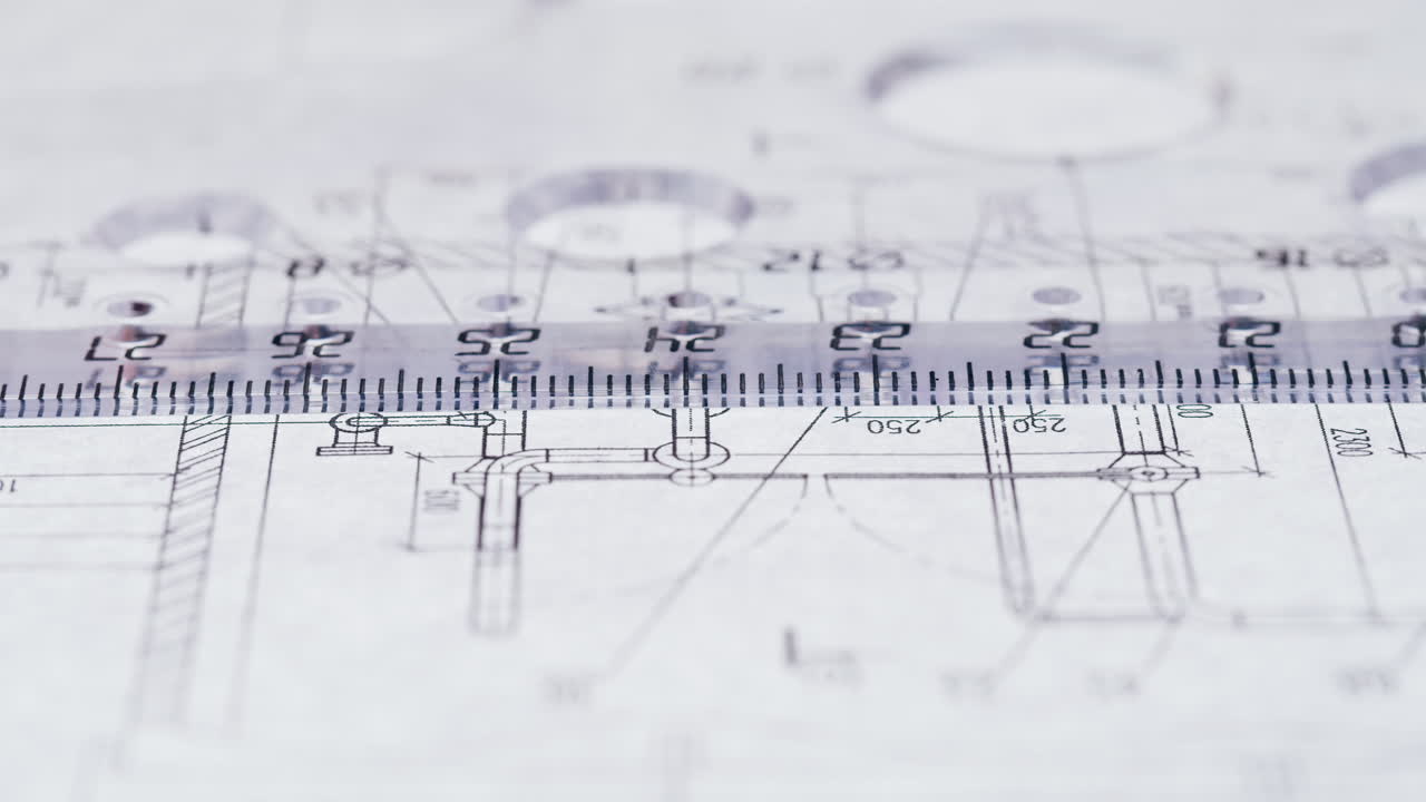Close-up of Architectural Blueprints with a Ruler