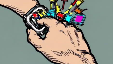 hand interacting with a smartwatch in comic style