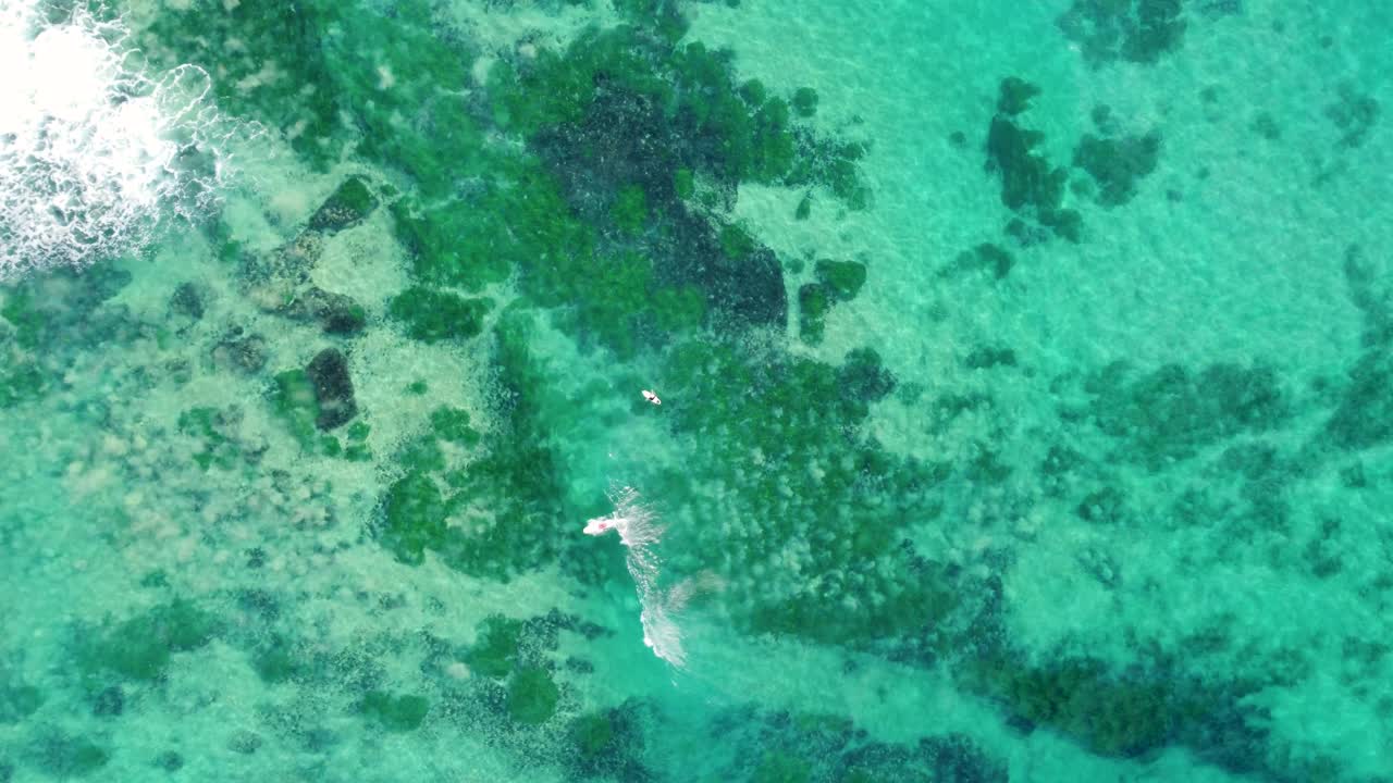 Aerial Drone Bird's-eye shot of ocean reef sandbar coastline waves surfing Central Coast NSW Sydney Australia 4K