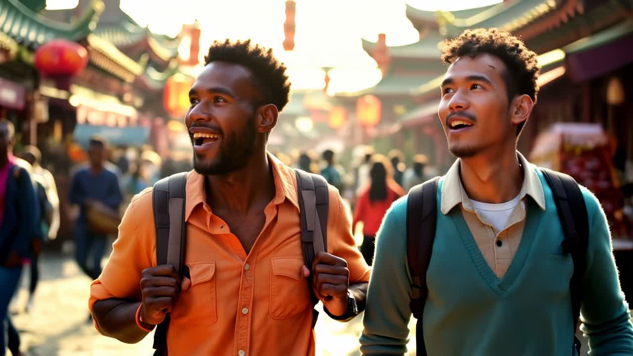 Two men are walking down a street with backpacks and smiling