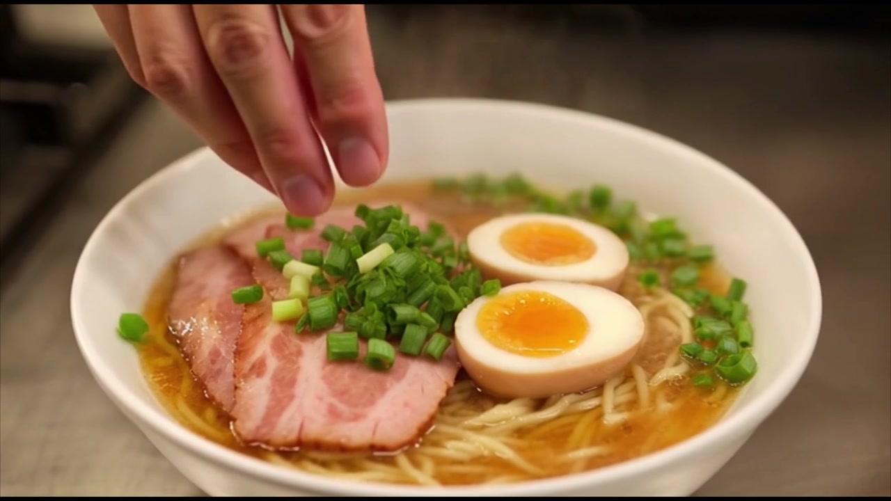 Chef che guarnisce una ciotola di ramen fresco con maiale e uovo