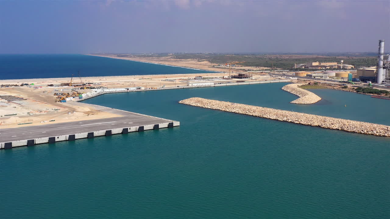 Aerial Footage over Harbor Under Construction in Israel