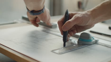 Engineer-draws-buildings-on-the-table-using-a-pencil-and-ruler.-An-architect-creates-a-building-design-on-paper-using-a-marker-and-ruler.