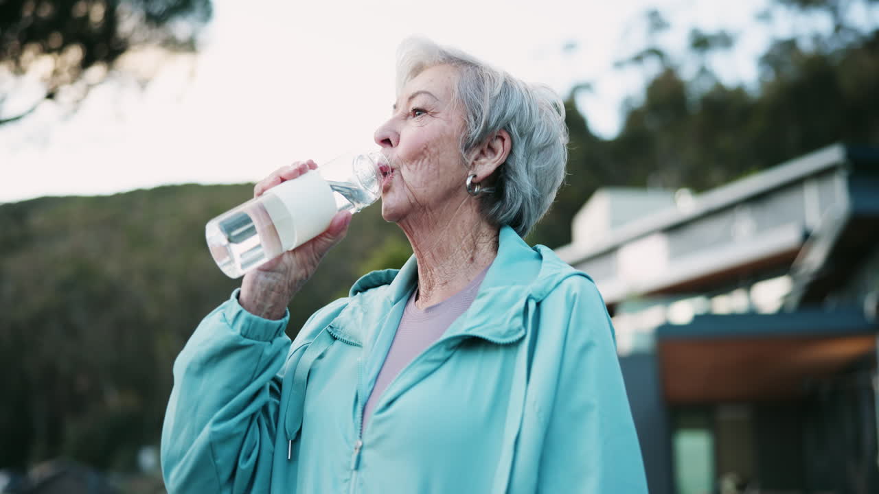 Senior woman drinking water outdoors