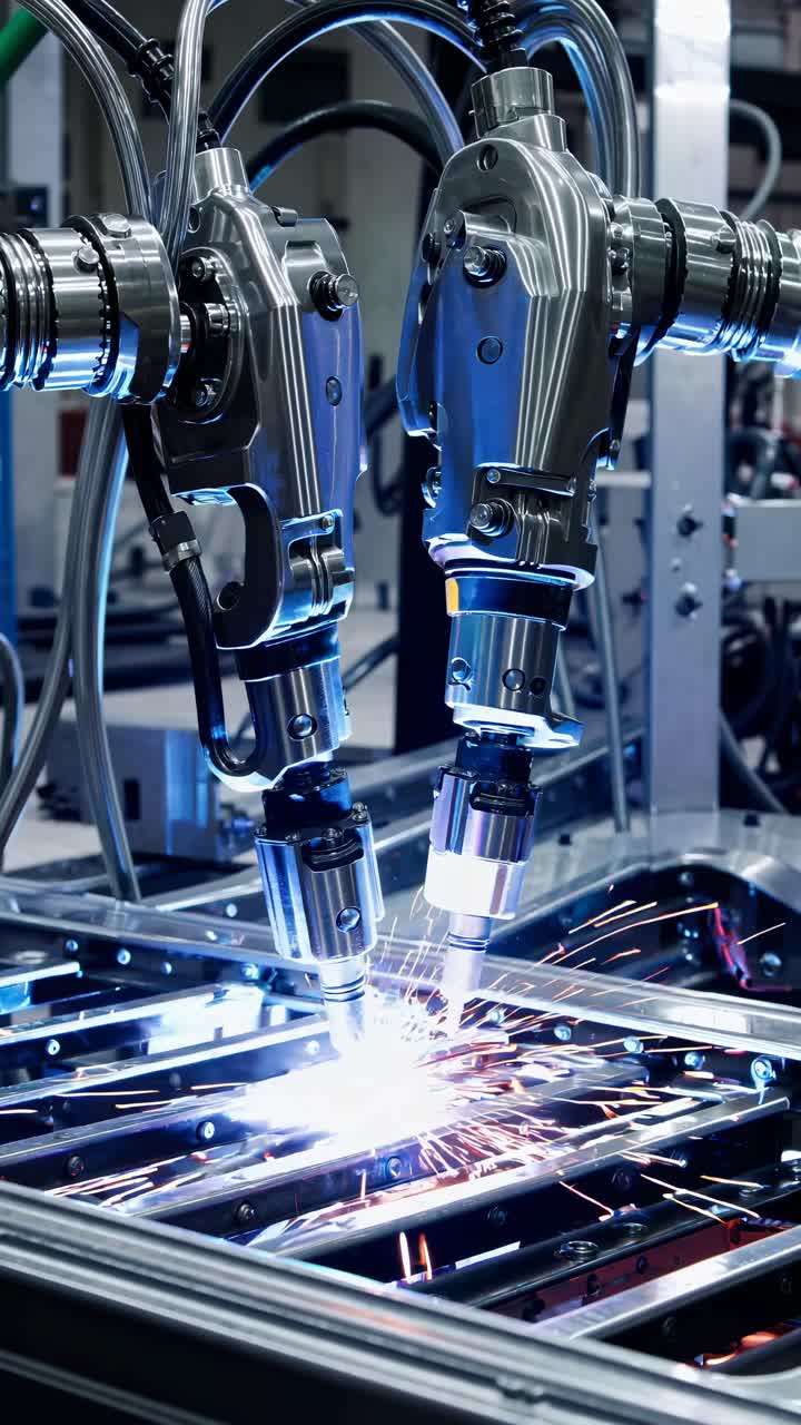 Close-up, high-angle shot of robotic arms welding metal with sparks flying, capturing the precision