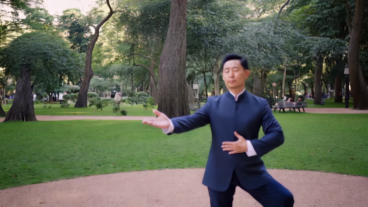 Asian man practicing Tai Chi or Qigong in a peaceful park