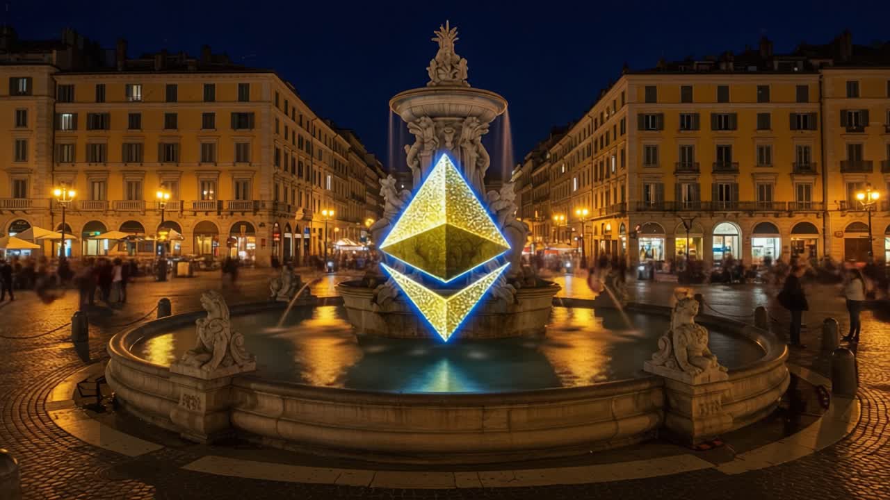 Enchanting Night-Time Display: A Stunning Illuminated Ethereum Symbol Shines Brightly at a Fountain, Creating a Captivating Atmosphere in a Vibrant Urban Square