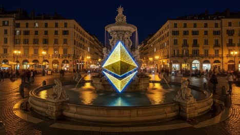 enchanting night-time display: a stunning illuminated ethereum symbol shines brightly at a fountain, creating a captivating atmosphere in a vibrant urban square
