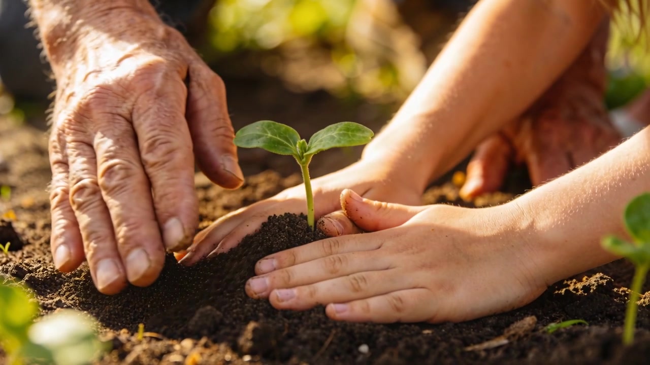 Adult and child hands placing seedling into hole in garden bed, pressing soil to secure plant
