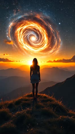 woman standing on mountaintop at sunrise with spiral galaxy