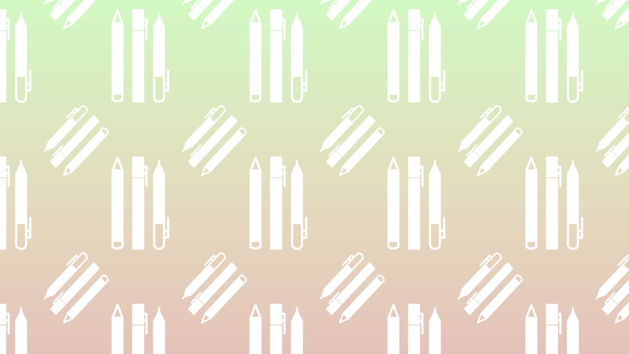 분홍색과 초록색 그라디언트 배경에 대한 원활한 패턴으로 펜 아이콘 세트의 애니메이션