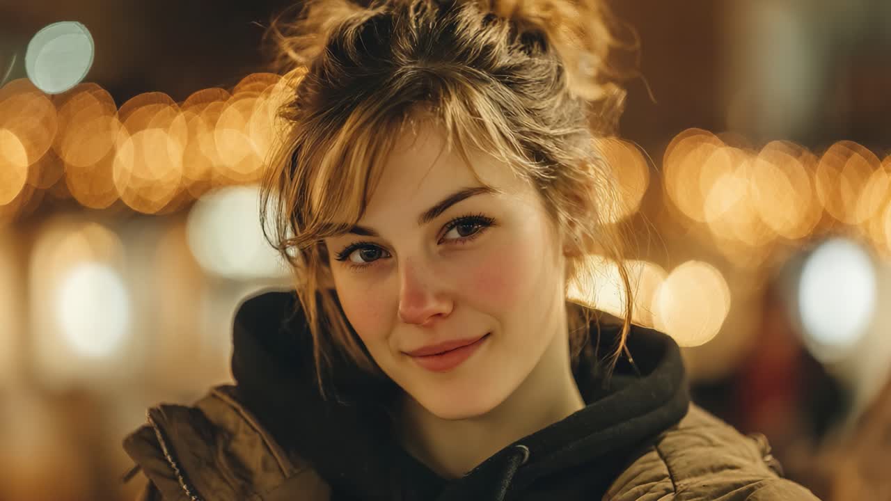 A Warm and Charming Portrait of a Young Woman Smiling Under Soft Lighting, Capturing the Essence of Joy and Contentment in an Evening Setting