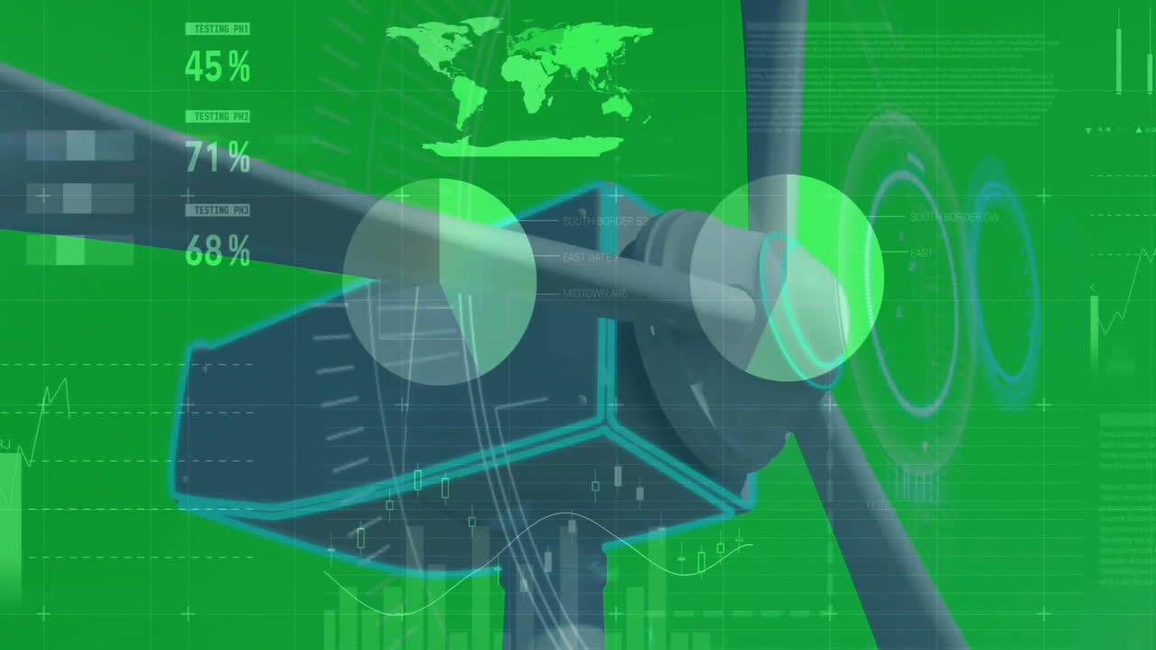 Wind turbine rotor hub rotating over green digital grid, displaying floating UI charts in 3D render