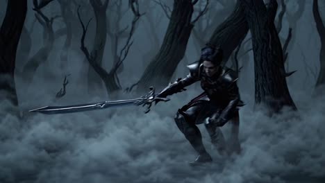 dark fantasy warrior in a misty forest