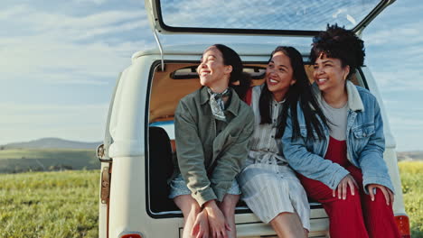 happy, adventure and women in caravan on a road