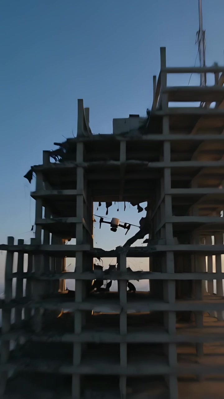 Vertical video: Surveying small drone inspecting concrete frame at dusk, scanning exposed rebar